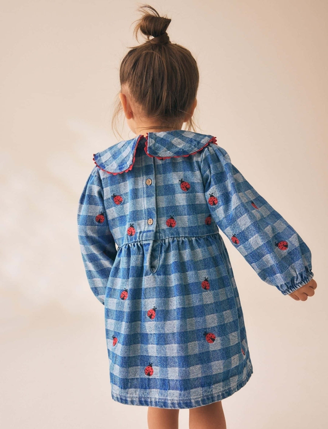 Blue Denim Check Long Sleeve Collar Embroidered Ladybird