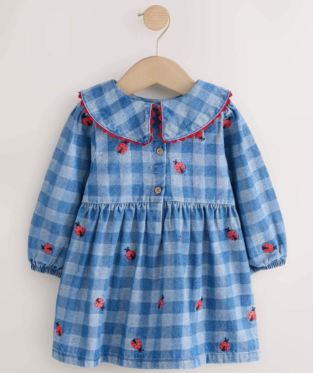 Blue Denim Check Long Sleeve Collar Embroidered Ladybird