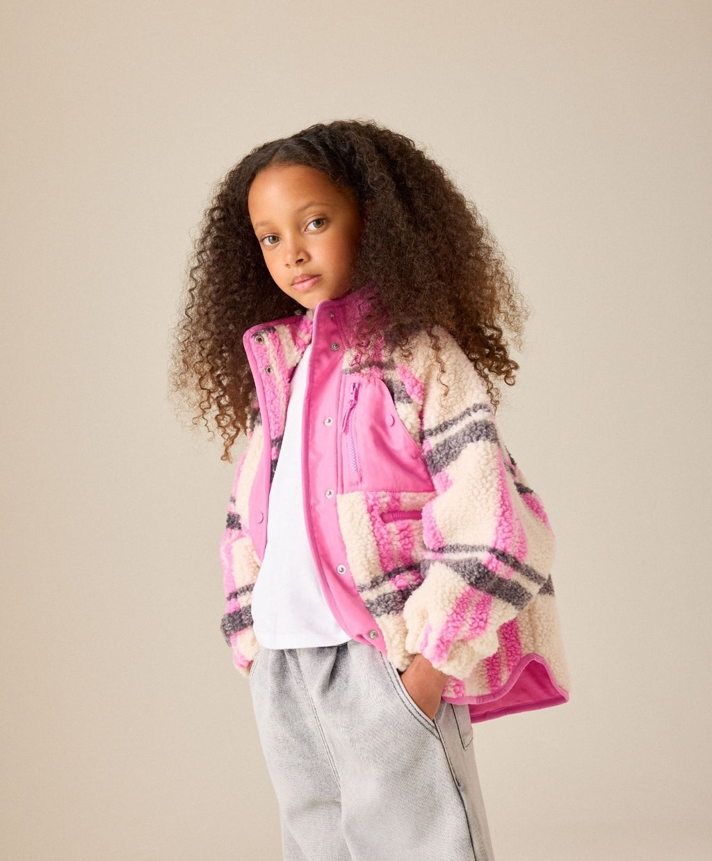 Ecru/Pink Check Button Up Borg
Jacket
