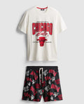 A pair of short pyjamas with the Chicago Bulls logo design