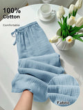[100% Cotton] Women's Printed Drawstring Wide Leg Loose Pants