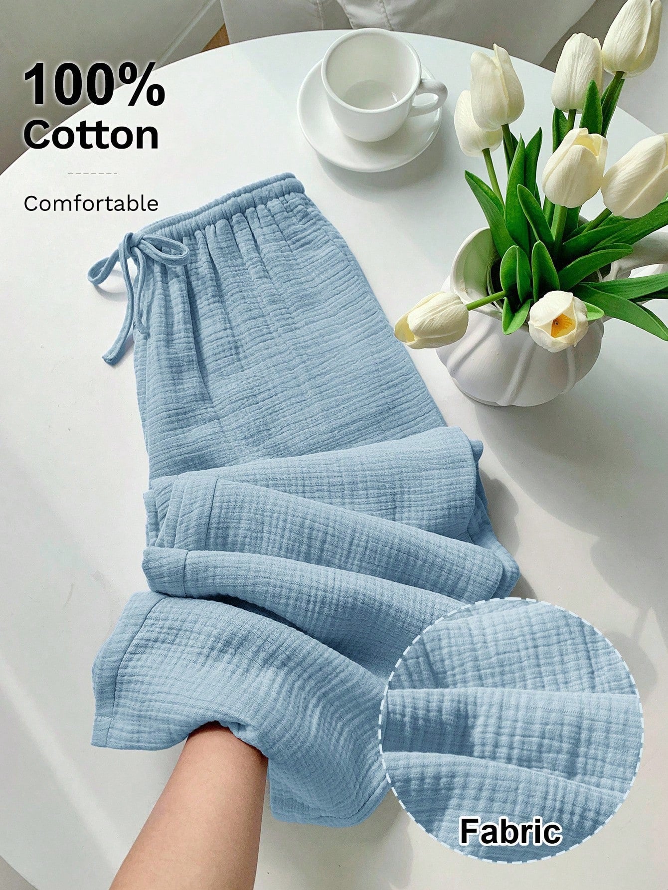 [100% Cotton] Women's Printed Drawstring Wide Leg Loose Pants