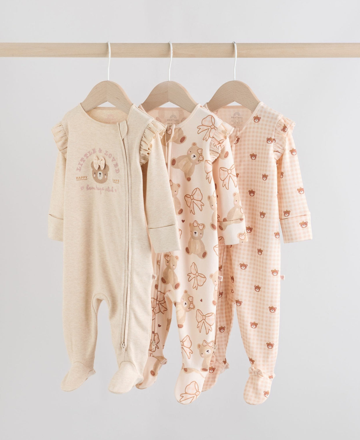 Neutral Bear Two Way Zip Baby Sleepsuits 3 Pack