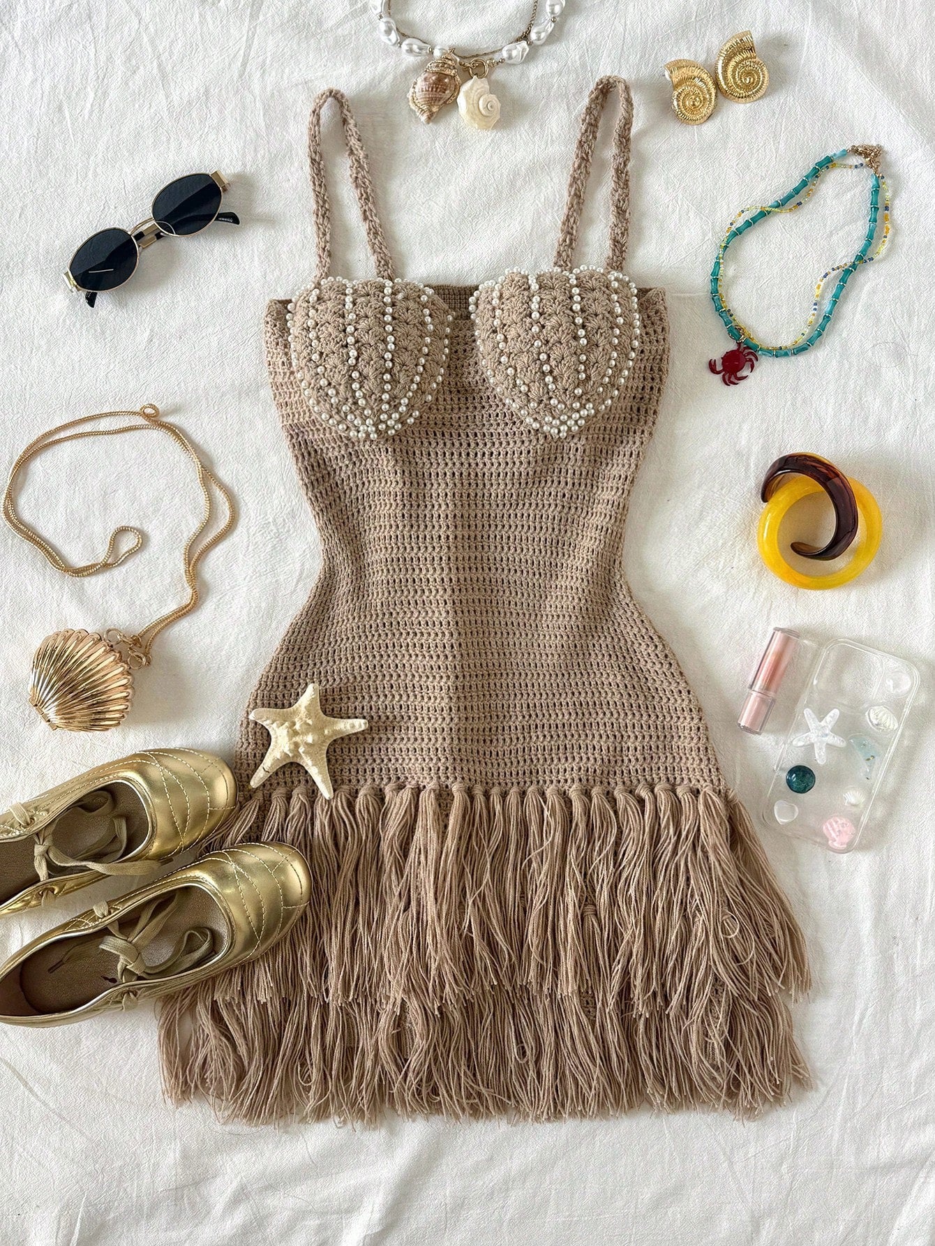 Shell Cup Tassel Spaghetti Strap Fitted Mini Dress