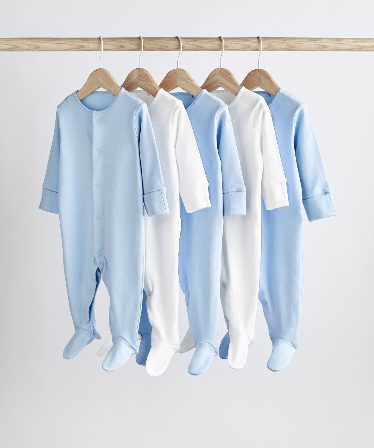 Blue/White 5 Pack Baby Sleepsuits