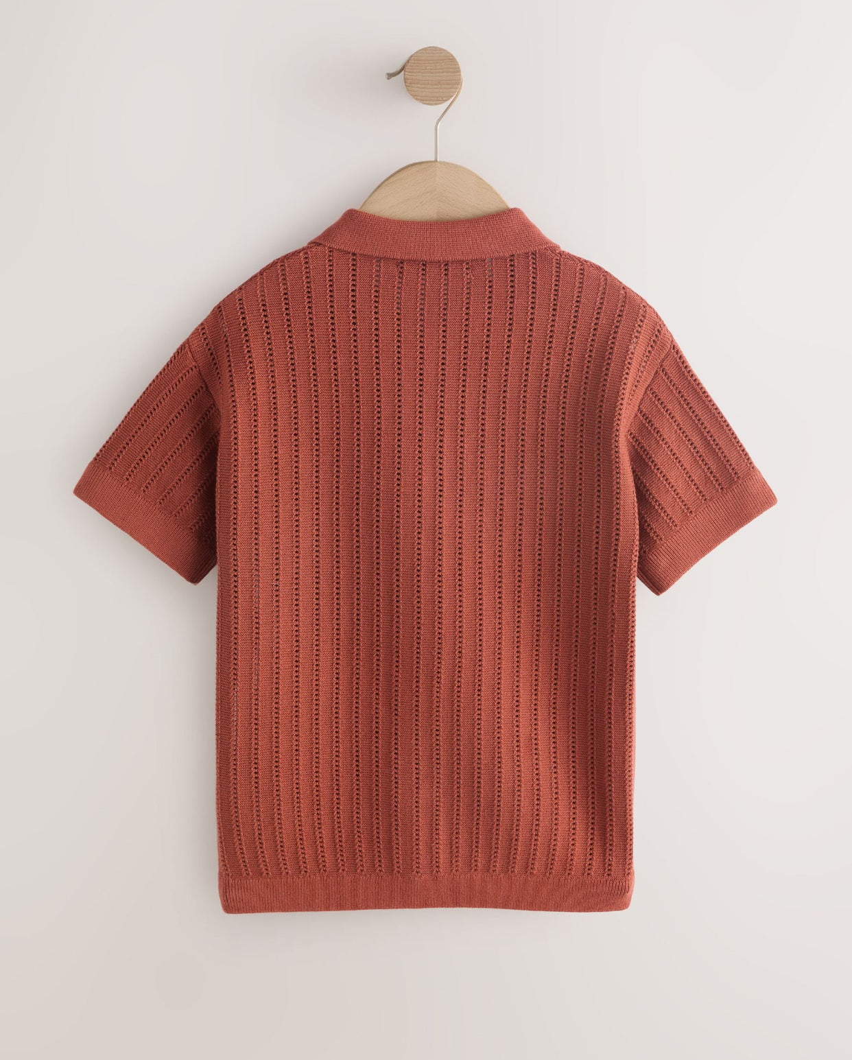 Rust Brown Textured Revere Collar Knitted Polo Shirt