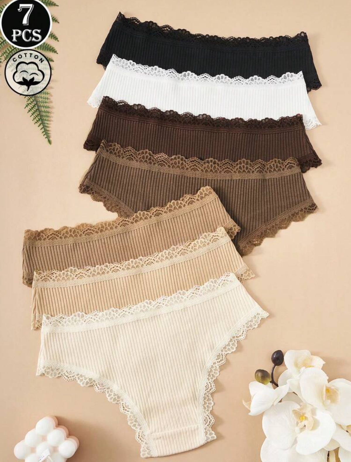 7pcs/Pack Women's Floral Contrast Color Lace Trim Panties