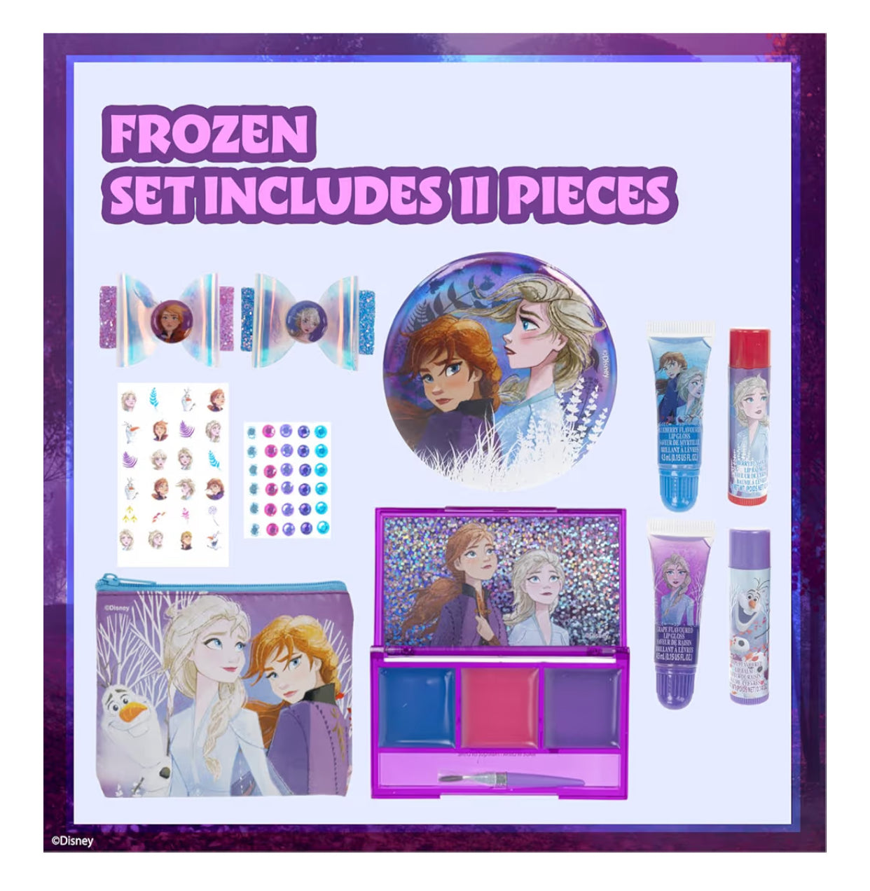 Disney Frozen 29 Pcs Beauty Kit For Girls with Clips, Press On Nail, Lip Gloss, Nail Stickers, Lip Balm, Nail File and Gems For Parties