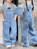 Young Girl Denim Dungaree With Bow Embroidery