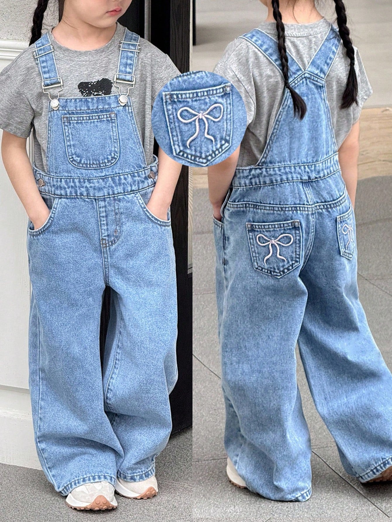 Young Girl Denim Dungaree With Bow Embroidery