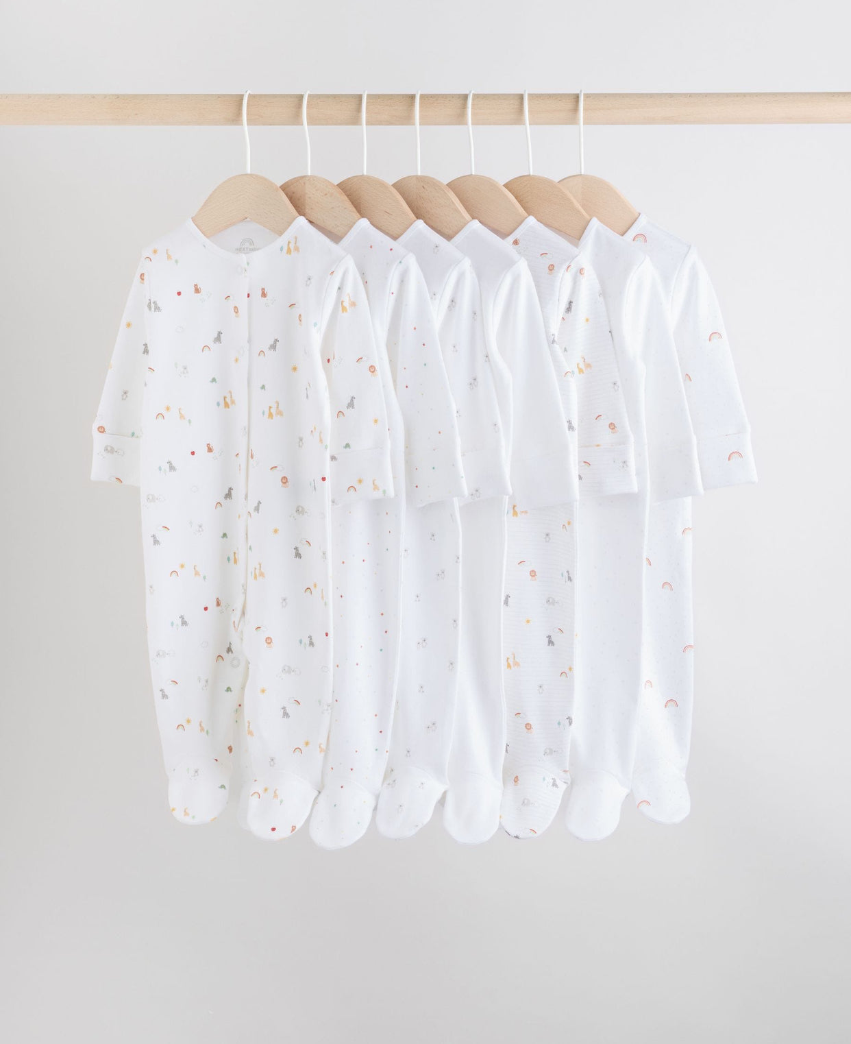 White 7 Pack Popper Baby Sleepsuits