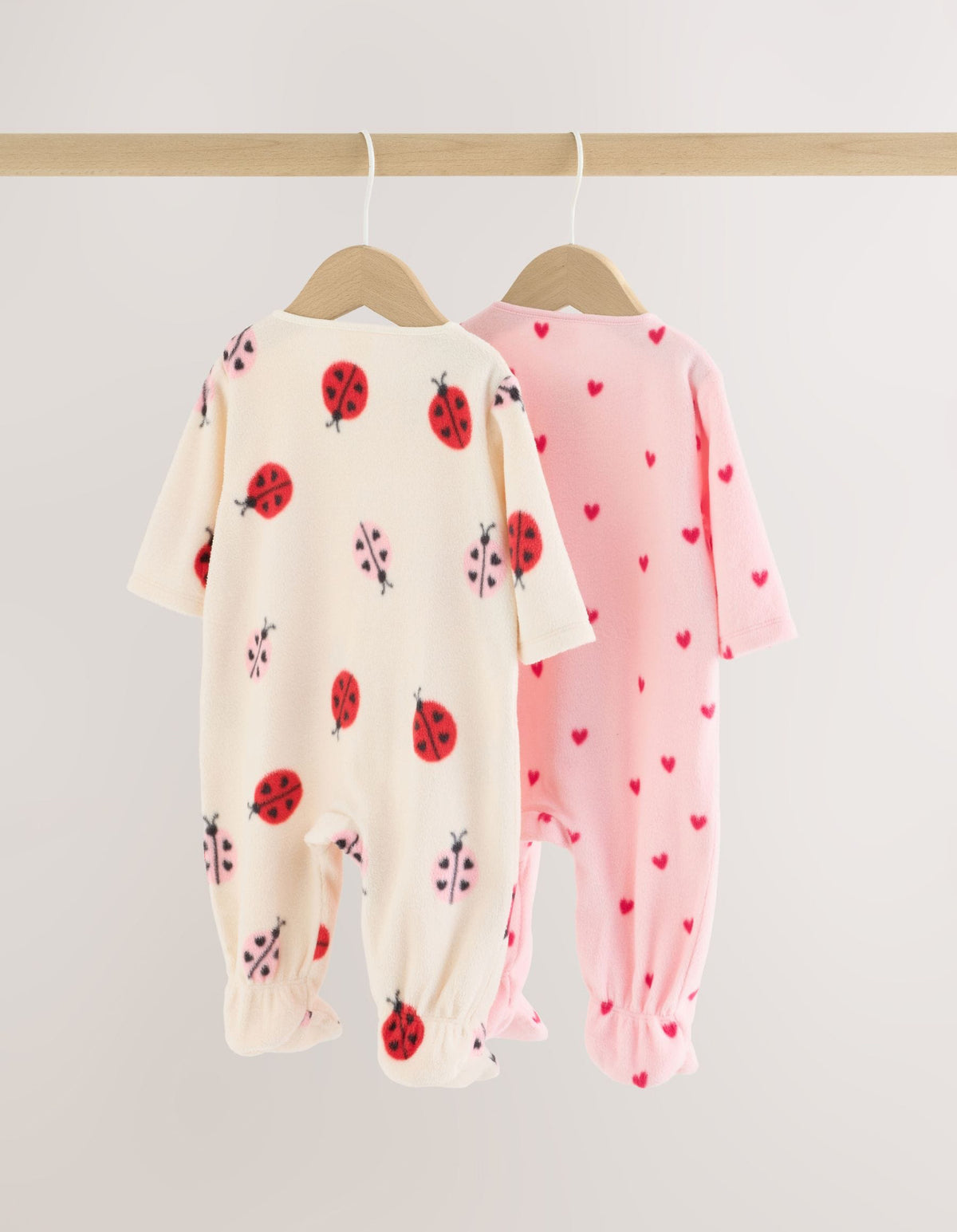 Pink/Cream Ladybird Micro Fleece Two Way Zip Baby Sleepsuits 2 Pack