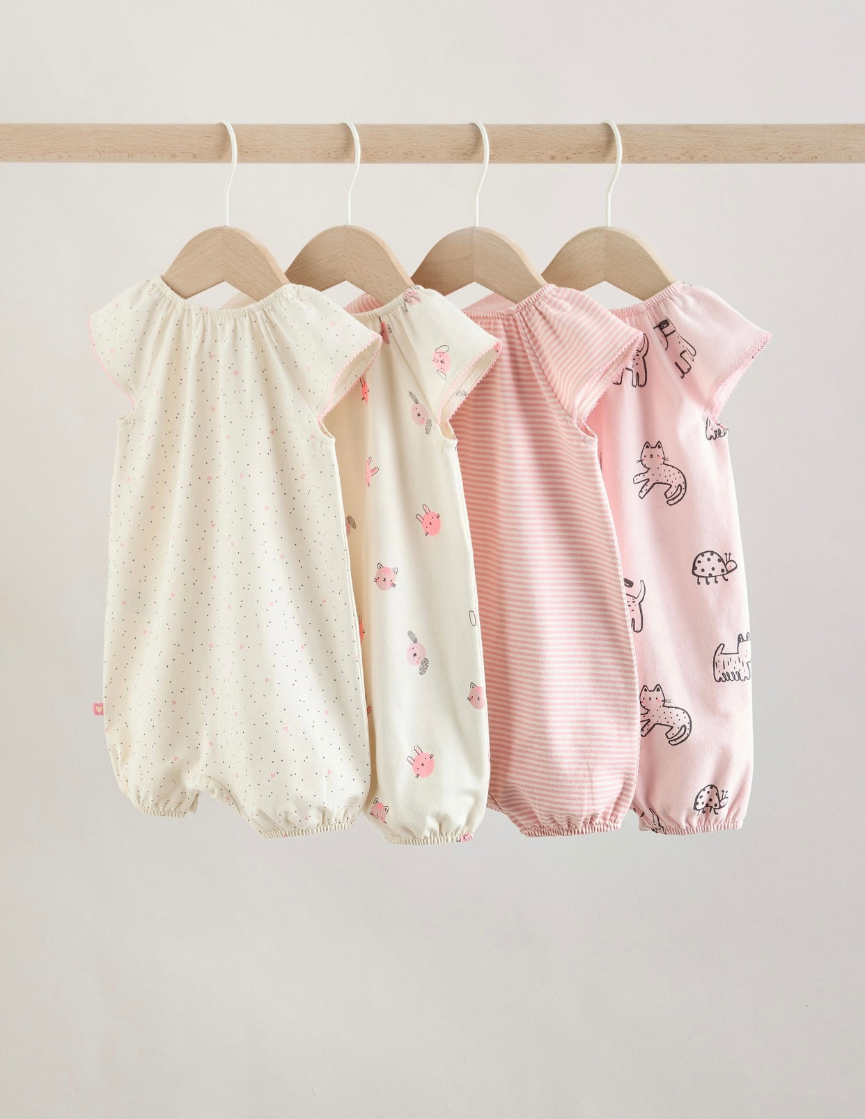 Pink Character All Over Printed Button Through Jersey Baby Rompers 4 Pack