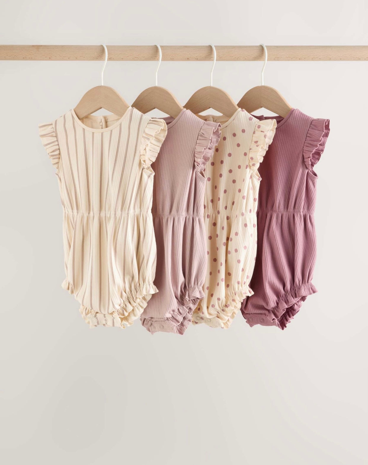 Pink Tonal Spot and Stripe Frill Shoulder Baby Rompers 4 Pack