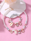 2pcs/Set Starfish, Shell, Butterfly & Pearl Beaded Necklace And Bracelet Set (immediate)