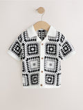 Black/White Crochet Knitted Short Sleeve Shirt