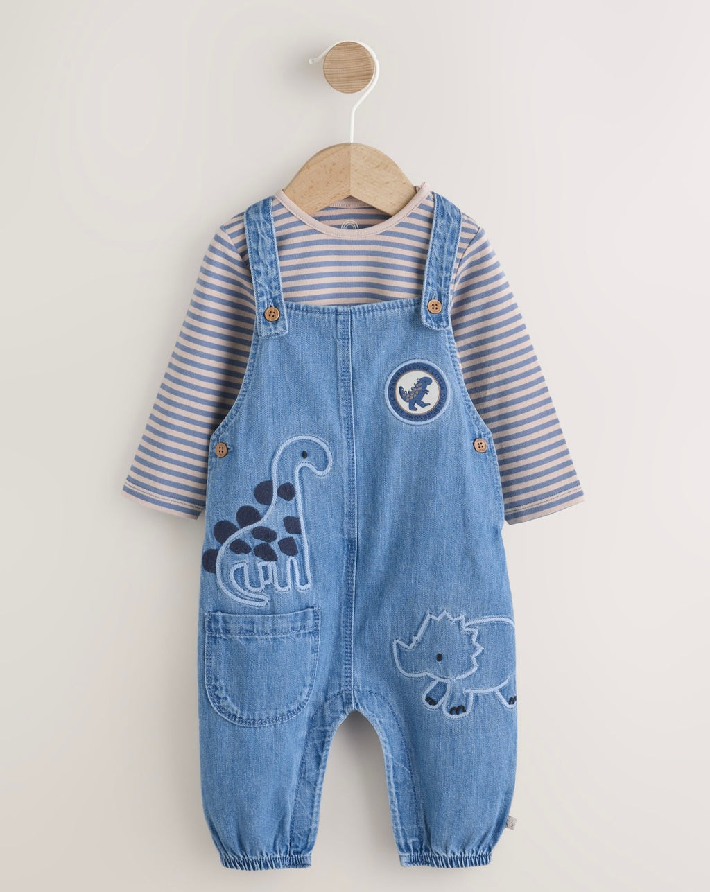 Blue Dinosaur Baby Denim Dungarees and Bodysuit Set