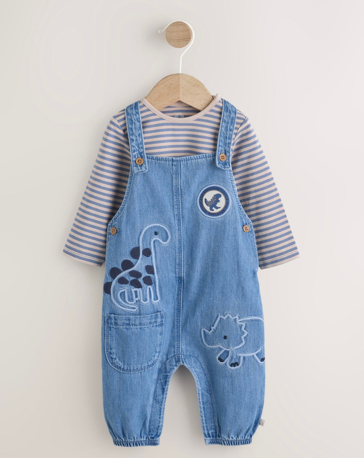 Blue Dinosaur Baby Denim Dungarees and Bodysuit Set