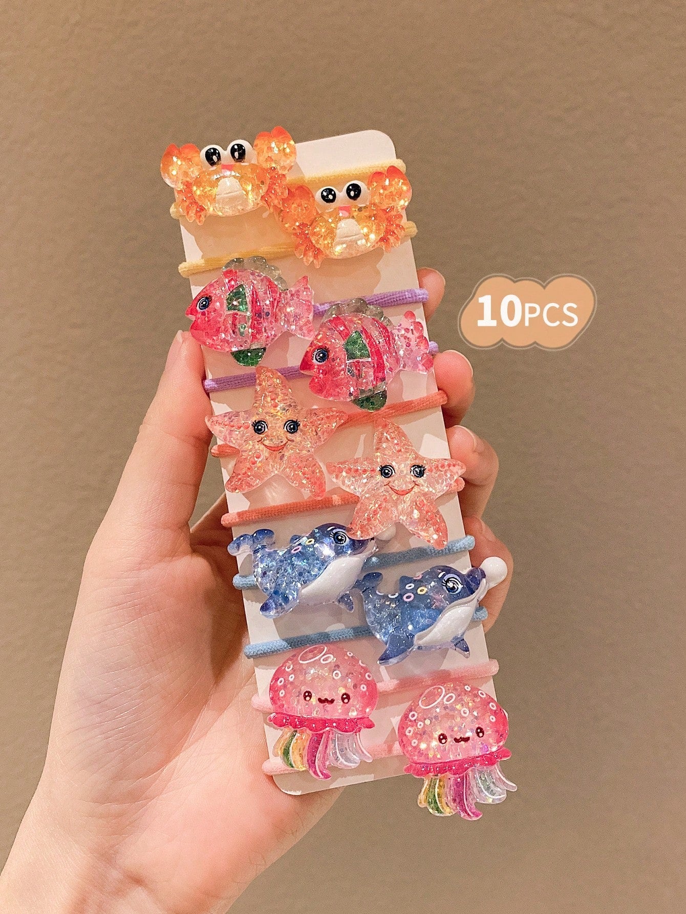 10pcs Crab, Dolphin, Jellyfish, Starfish, Fish Ocean Element Design Hair Scrunchies,