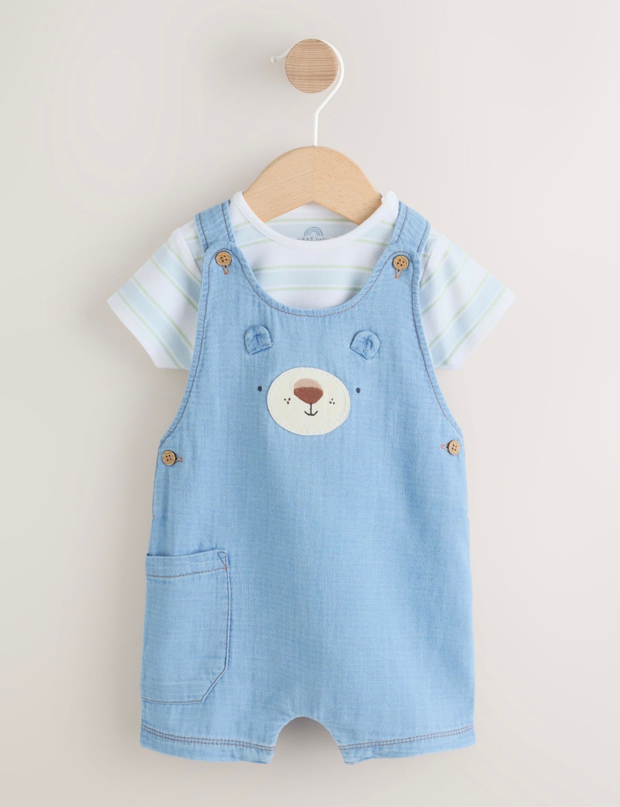 Blue Bear Woven Dungarees and Bodysuit Baby Set
