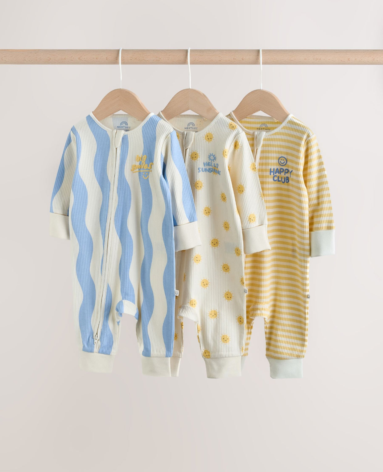 Yellow/Blue Sunshine Two Way Zip
Baby Sleepsuits 3 Pack