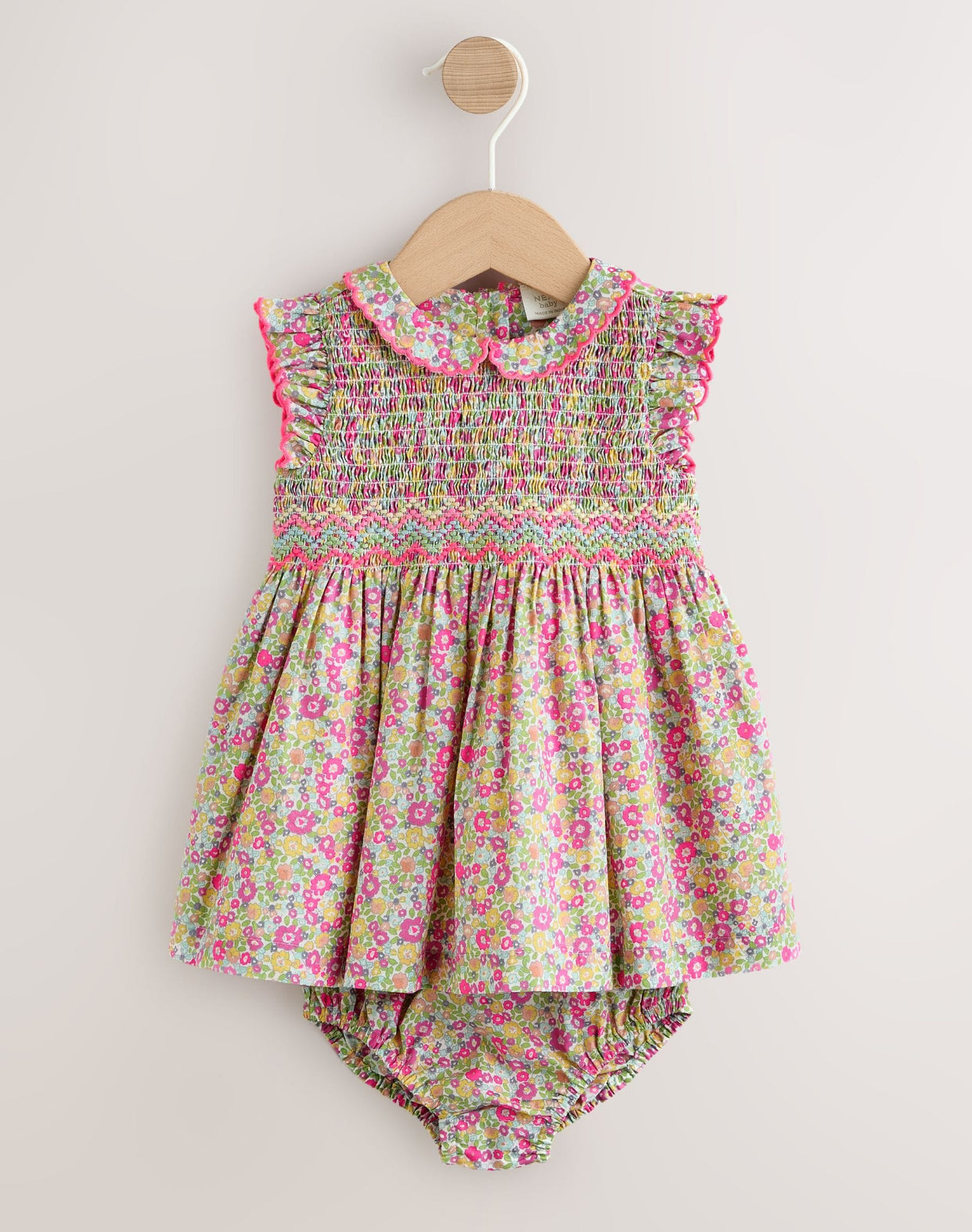 Pink Floral Woven Baby Dress and Knickers Set 2 Piece