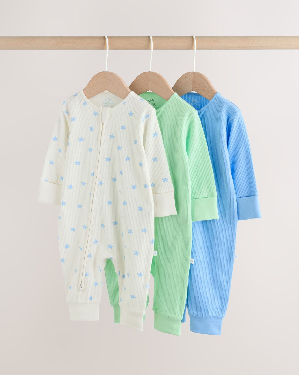 Blue/Green Star Way Zip Baby Sleepsuits 3 Pack