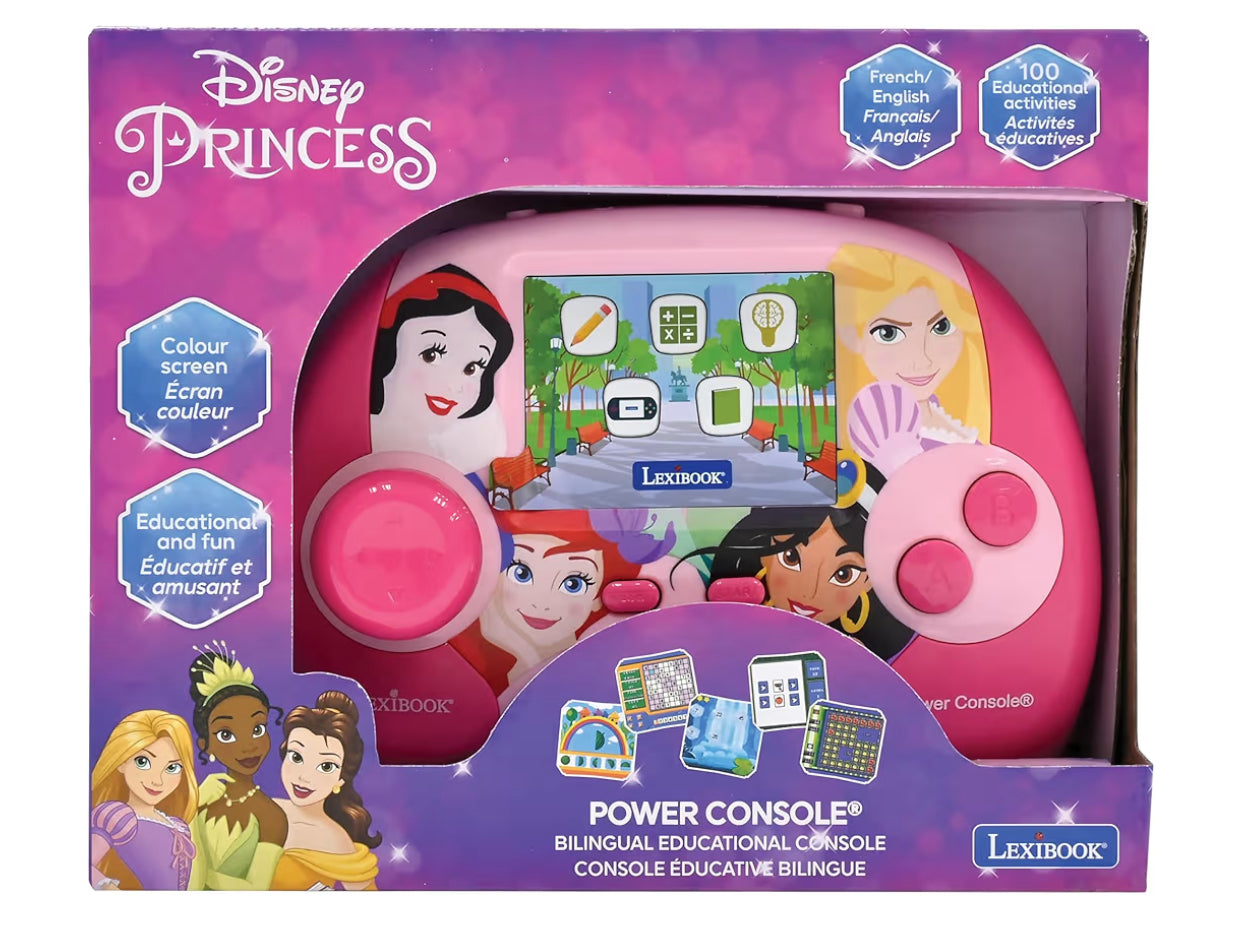 LEXIBOOK, Disney Princess, Power Console®, Bilingual educational game console with 100 activities, French/English