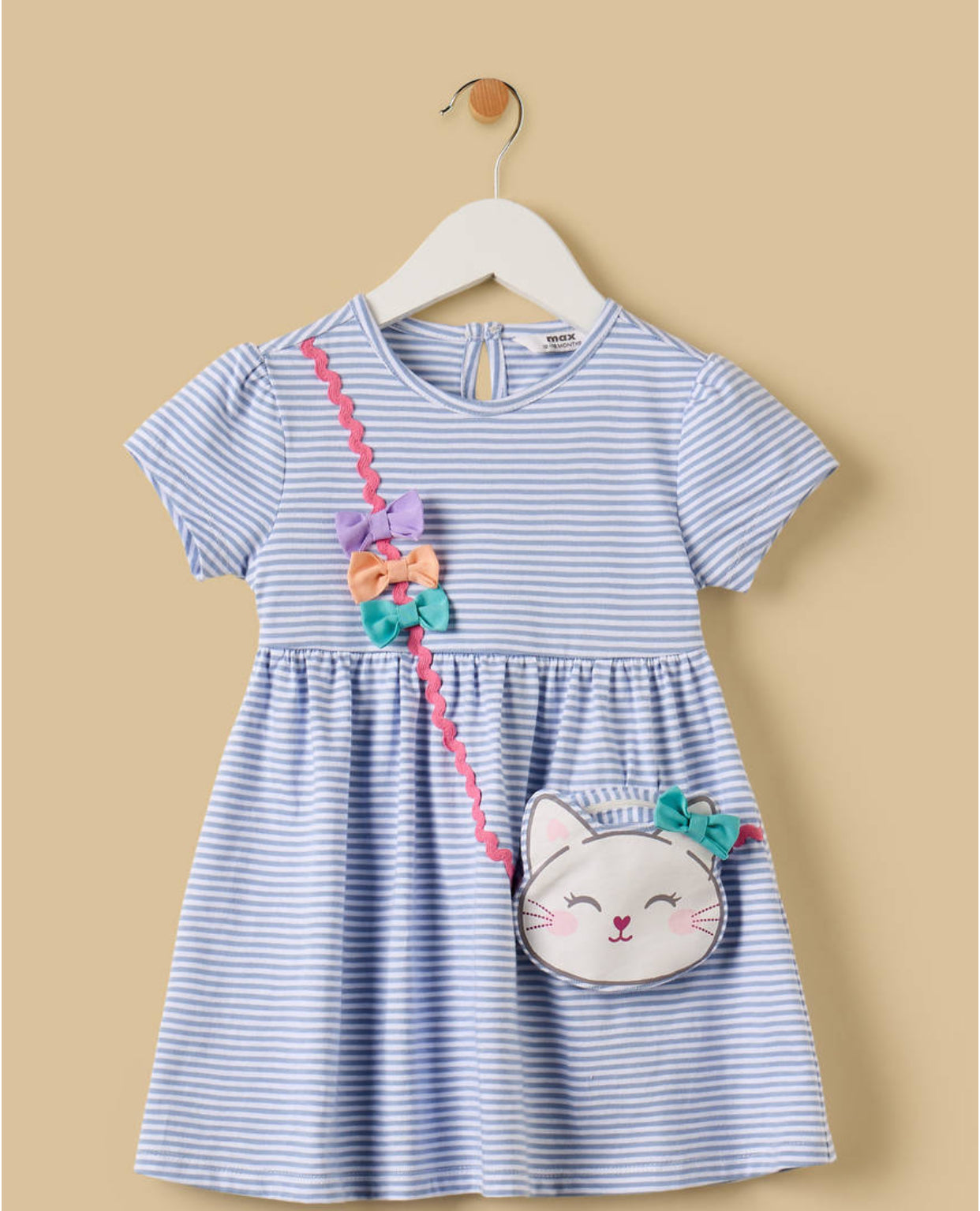 Cotton Striped A-line Dress with Pouch Applique