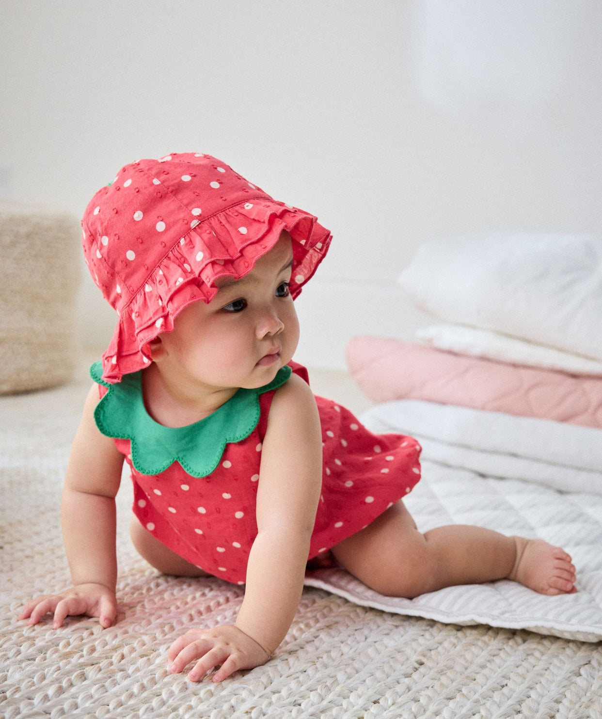 Red Strawberry Printed Woven Baby Romper and Hat Set