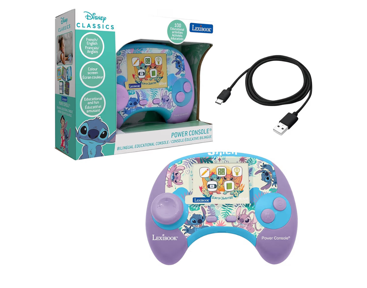 LEXIBOOK, Disney Stitch Power Console® - Educational bilingual game console with 100 activities in English/French