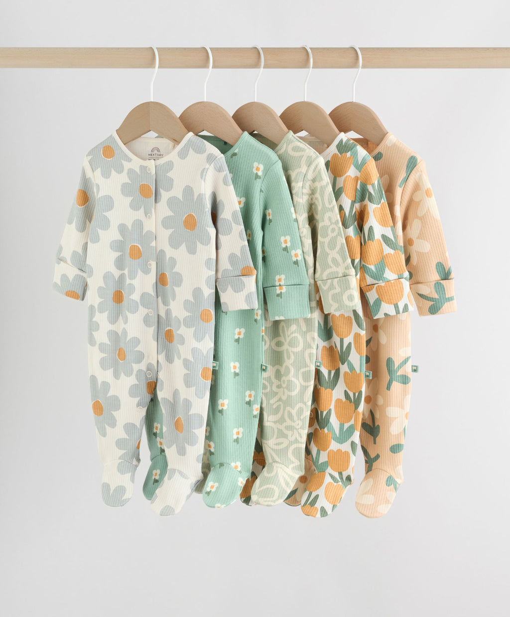 Sage Green Floral Baby Sleepsuits 5 Pack