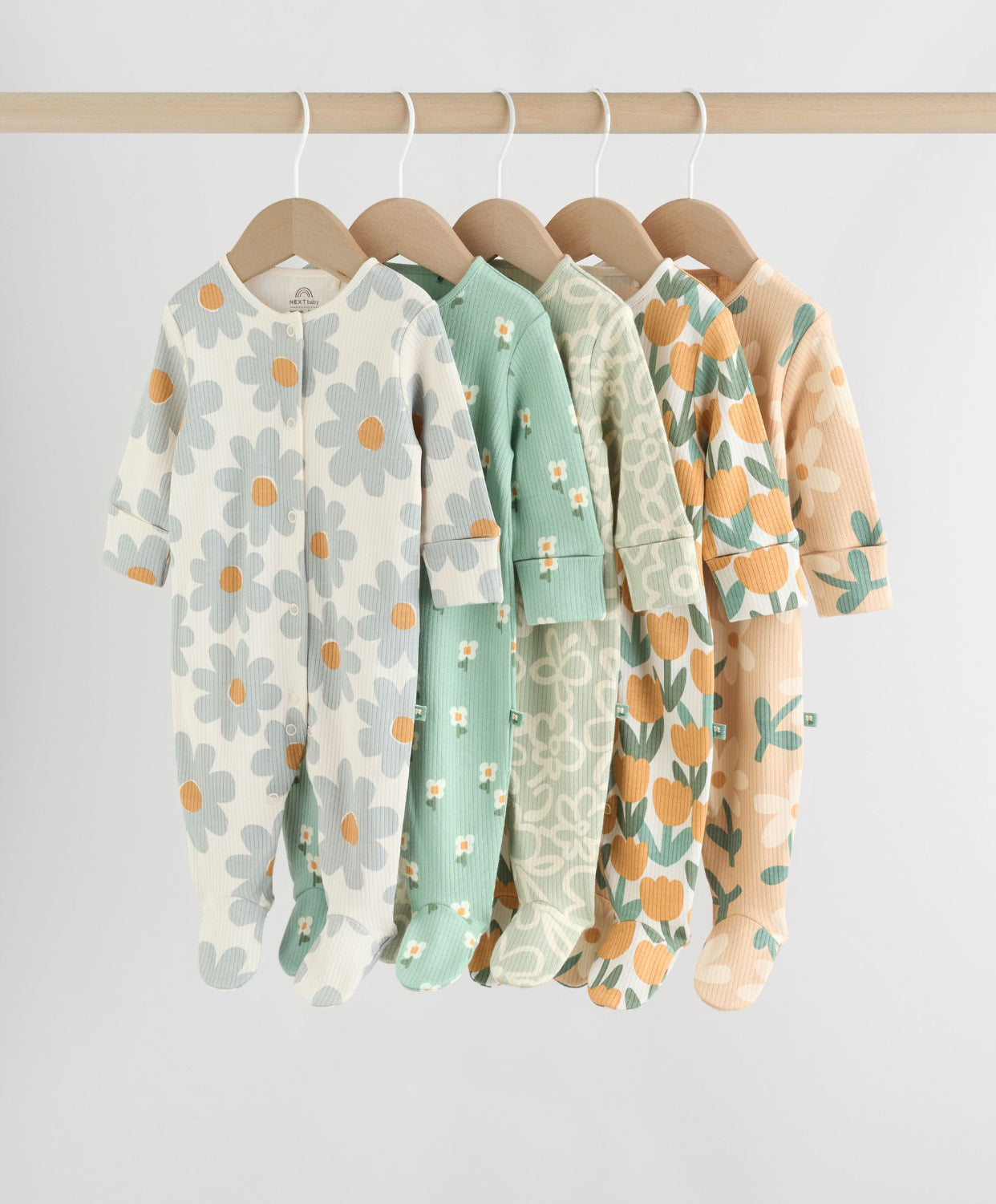 Sage Green Floral Baby Sleepsuits 5 Pack