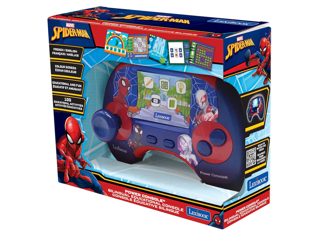 LEXIBOOK, Spider-Man, Power Console®, Bilingual educational game console with 100 activities, English/French