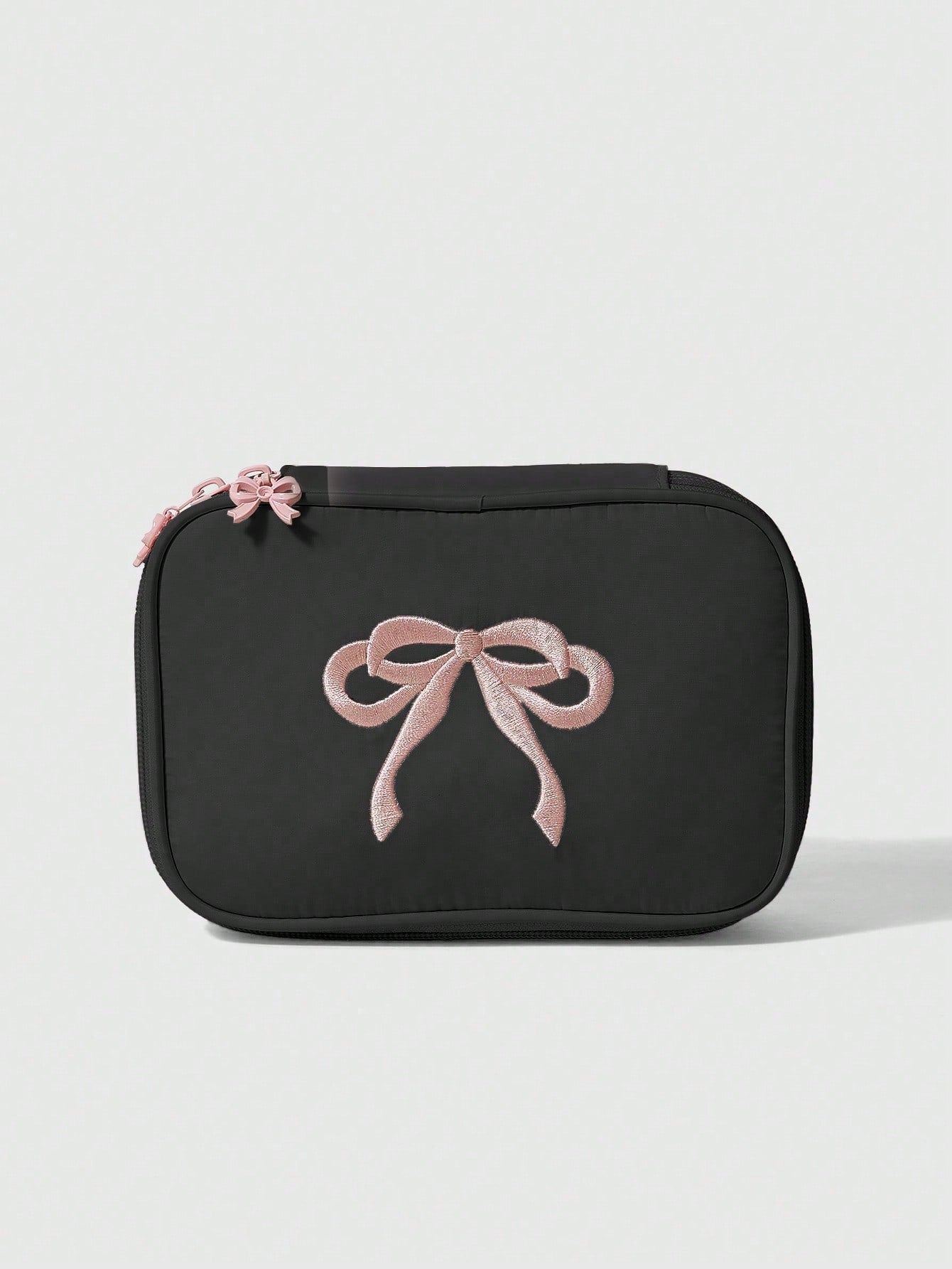 Pink Embroidered Bow Makeup Bag