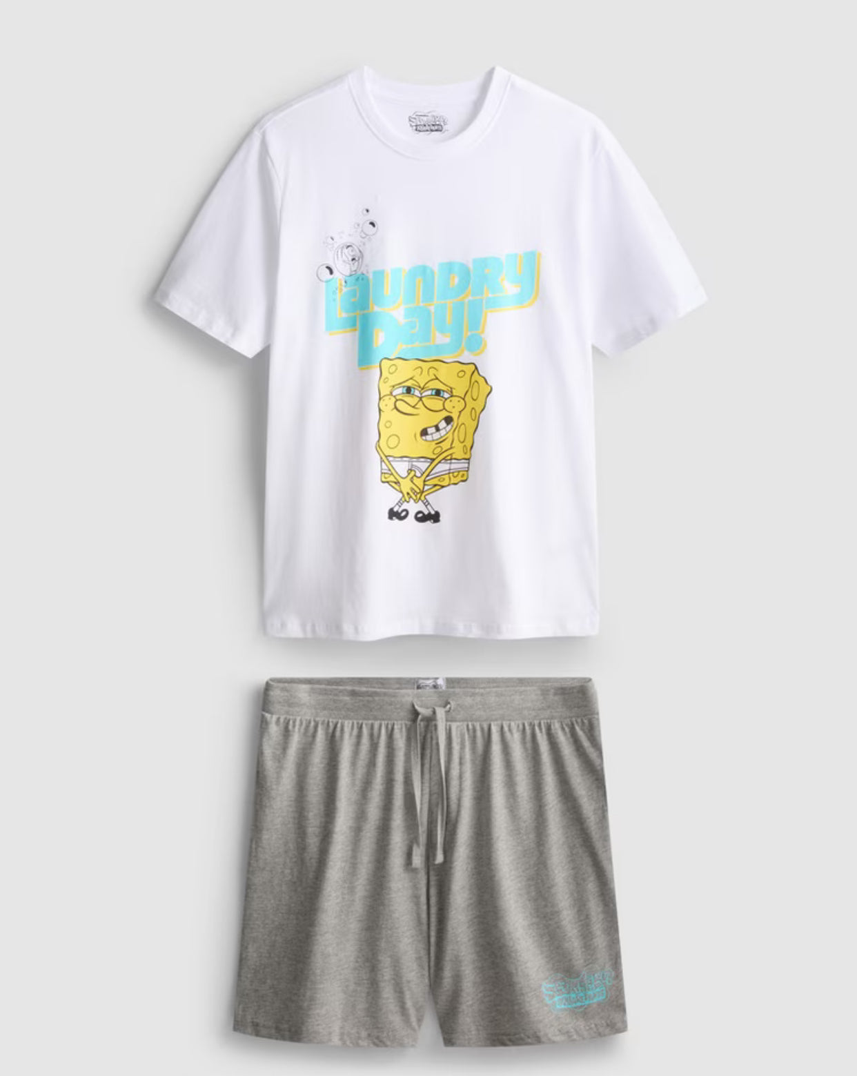 A pair of pyjamas with shorts, a top, and SpongeBob SquarePants design