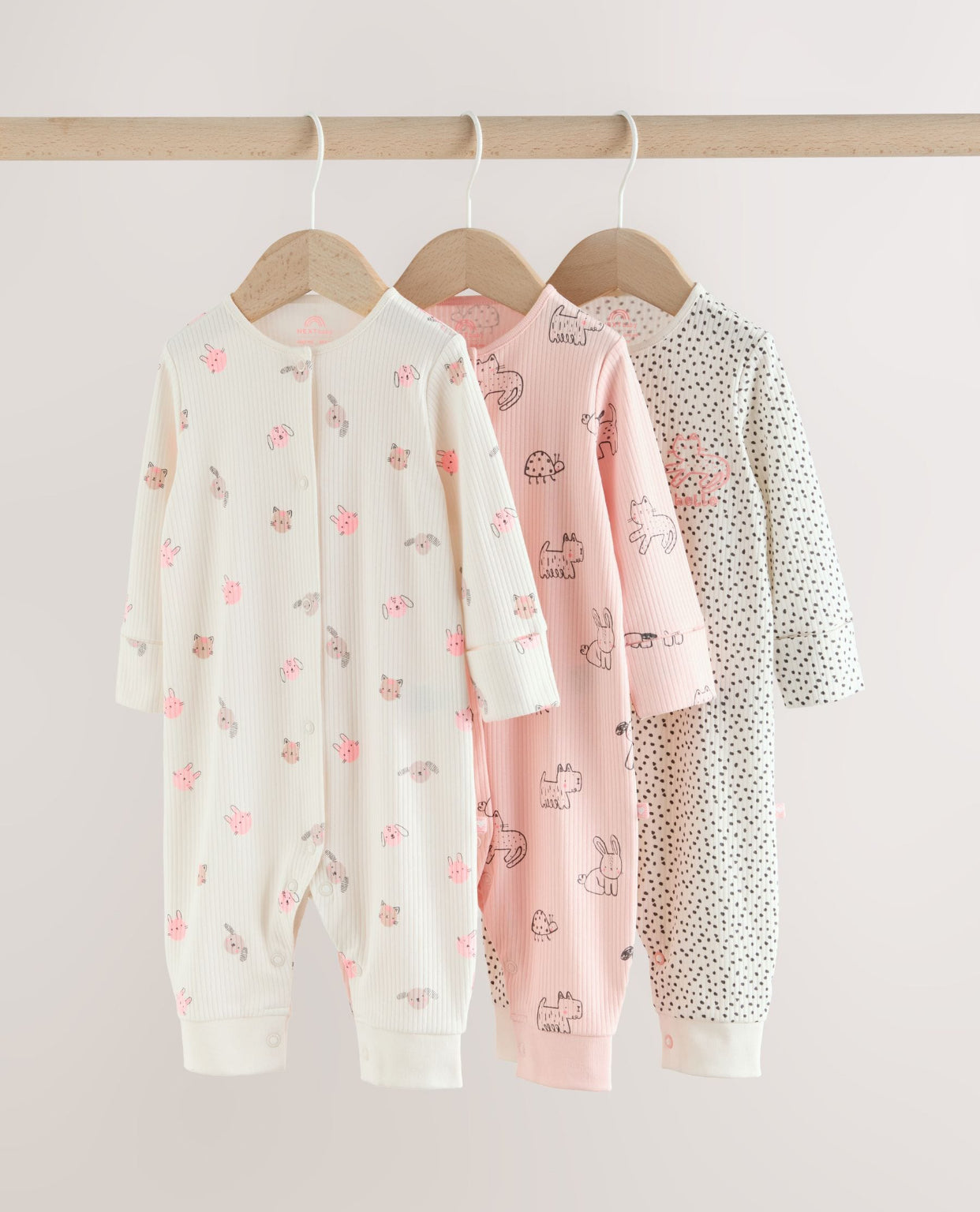 Pink Two Way Zip Baby Sleepsuit 3 Pack