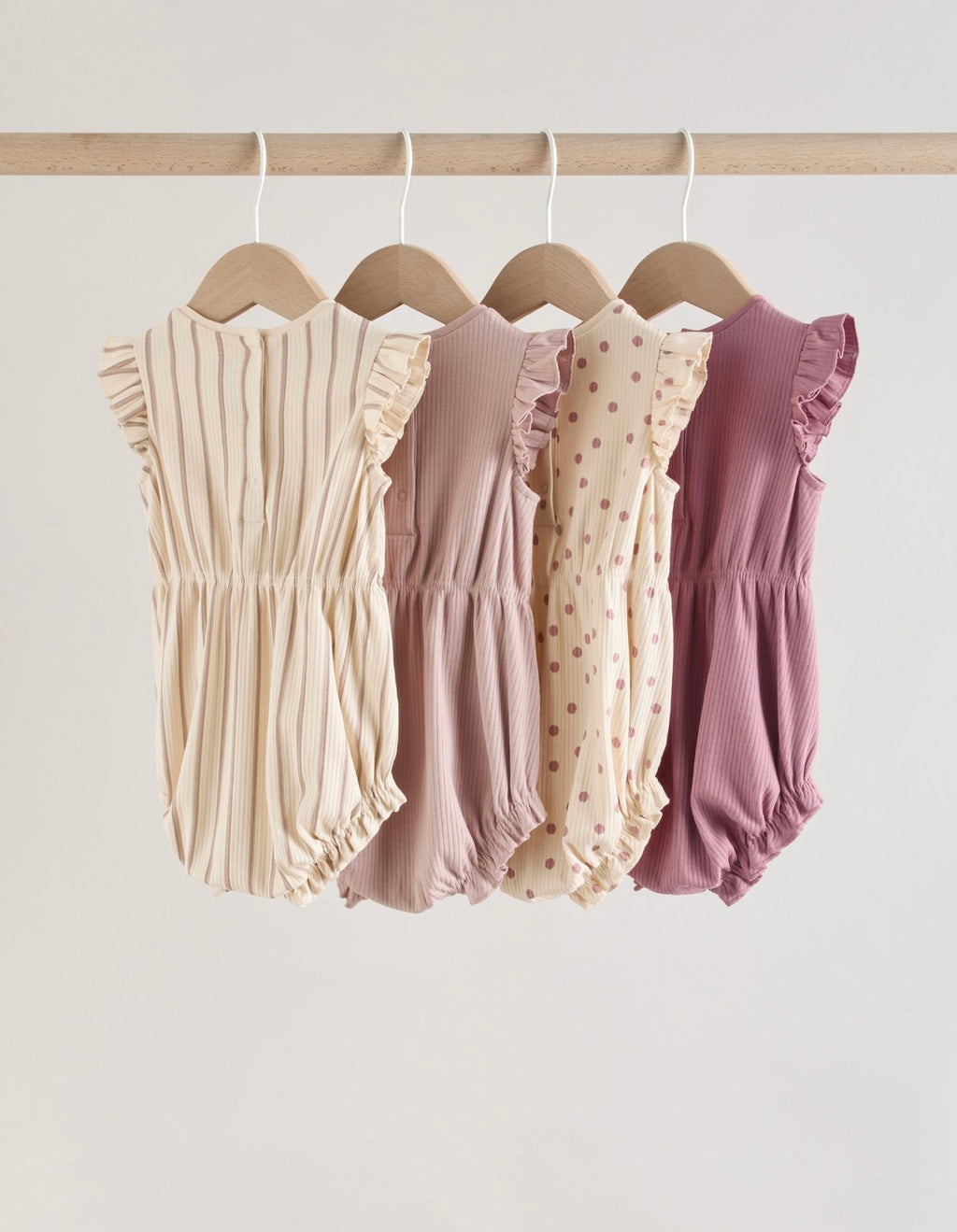 Pink Tonal Spot and Stripe Frill Shoulder Baby Rompers 4 Pack