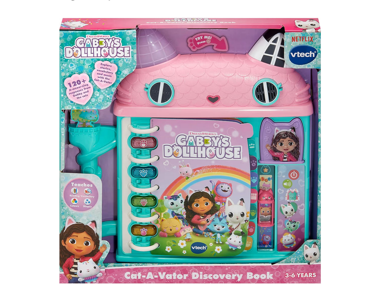 Gabby's Dollhouse: Cat-a-Vator Discovery Book, Official Character Toy, 4 Light Up Buttons, Activity Toy, Learn Words, Includes Phrases from Show