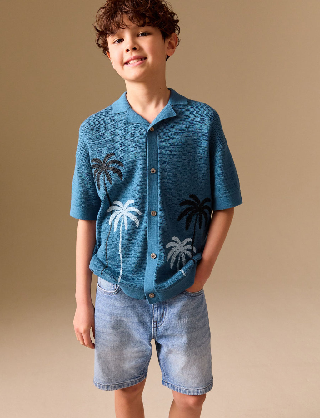 Blue Palm Embroidered Knitted Polo