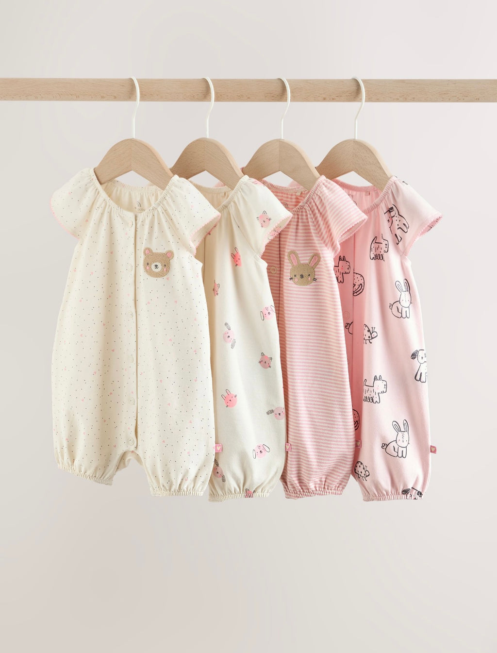 Pink Character All Over Printed Button Through Jersey Baby Rompers 4 Pack