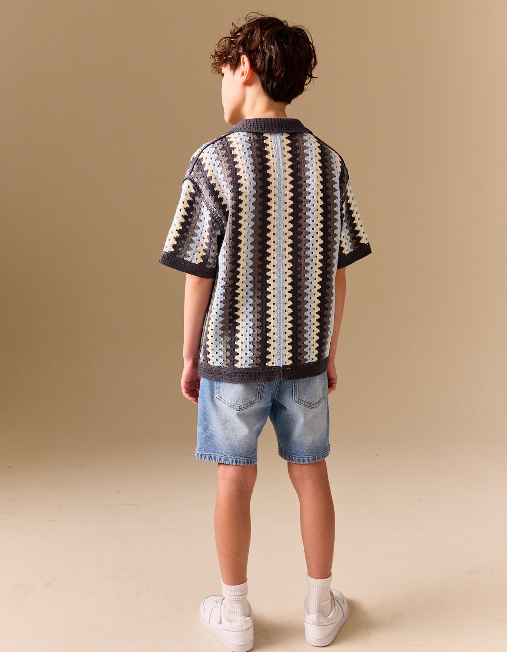 Blue Textured Crochet Knitted Polo Shirt