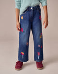 Mid Blue Regular Fit Floral Embroidered