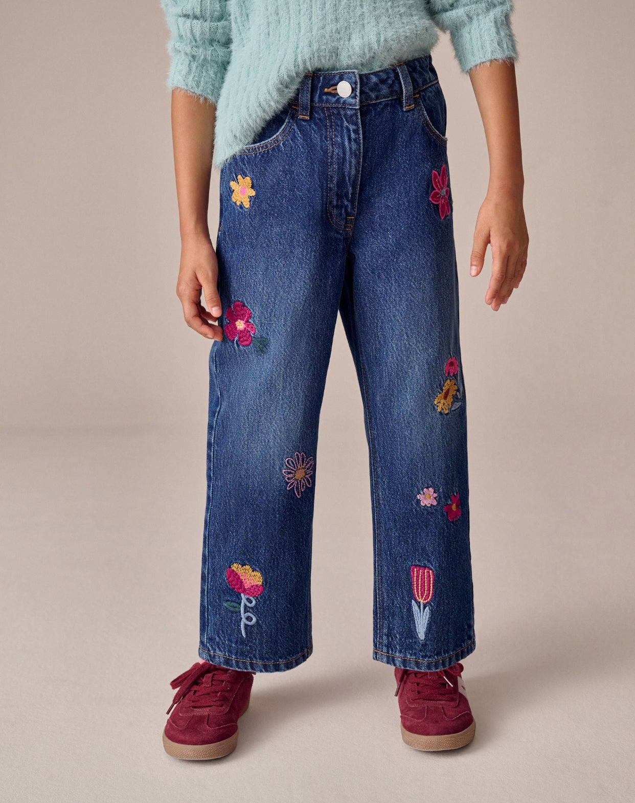 Mid Blue Regular Fit Floral Embroidered