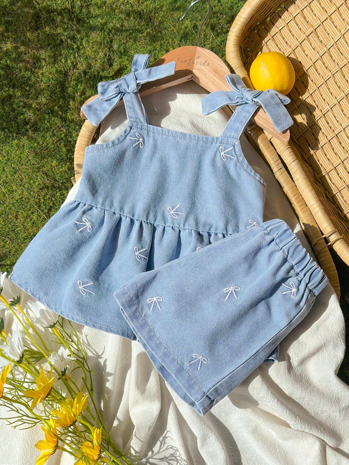 Baby Girls' Denim Top With Bow Decor, & Denim Shorts