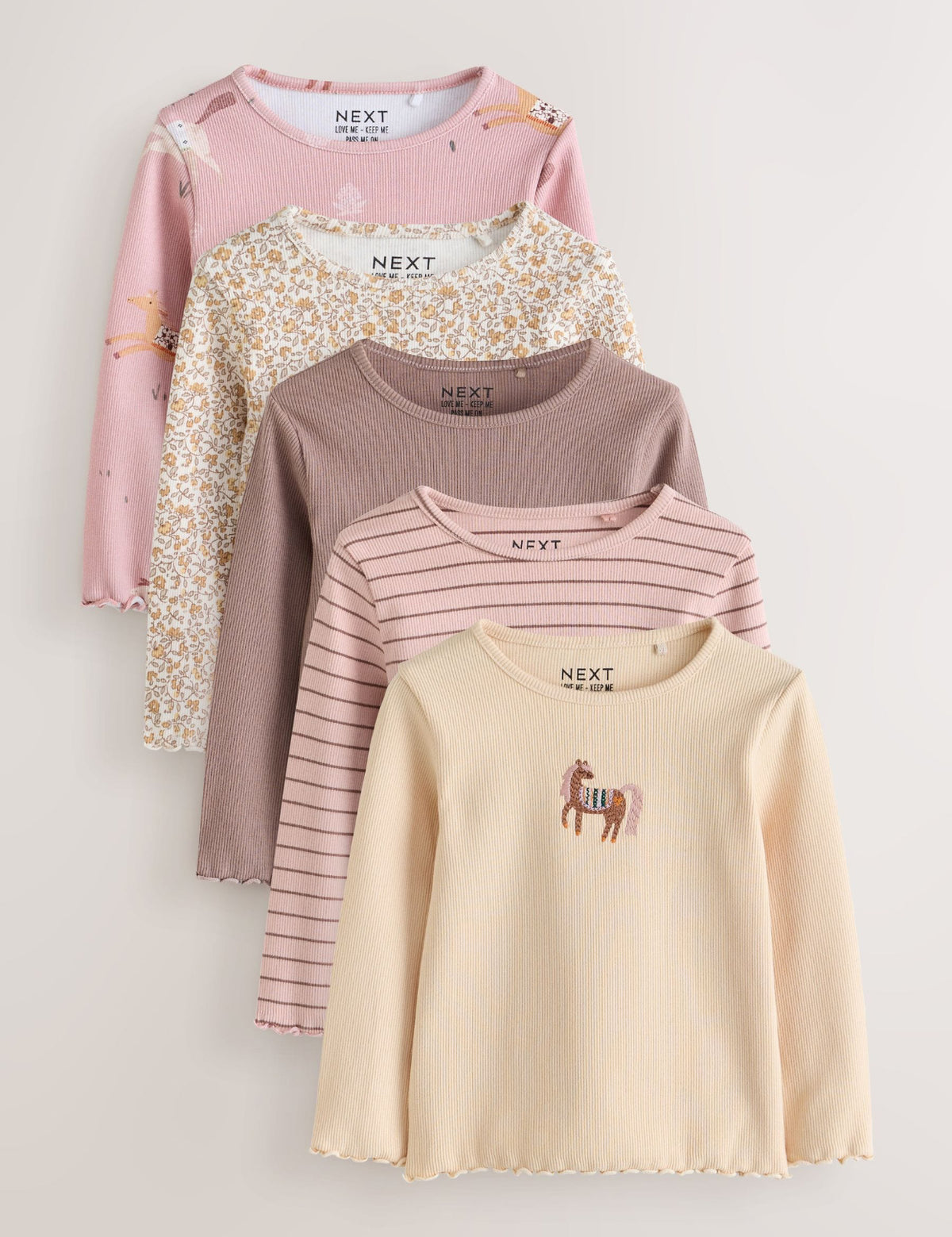 Brown/Cream Horse Long Sleeve Ribbed Tops 5 Pack