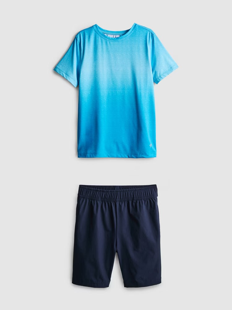 An activewear tee and shorts clothing set