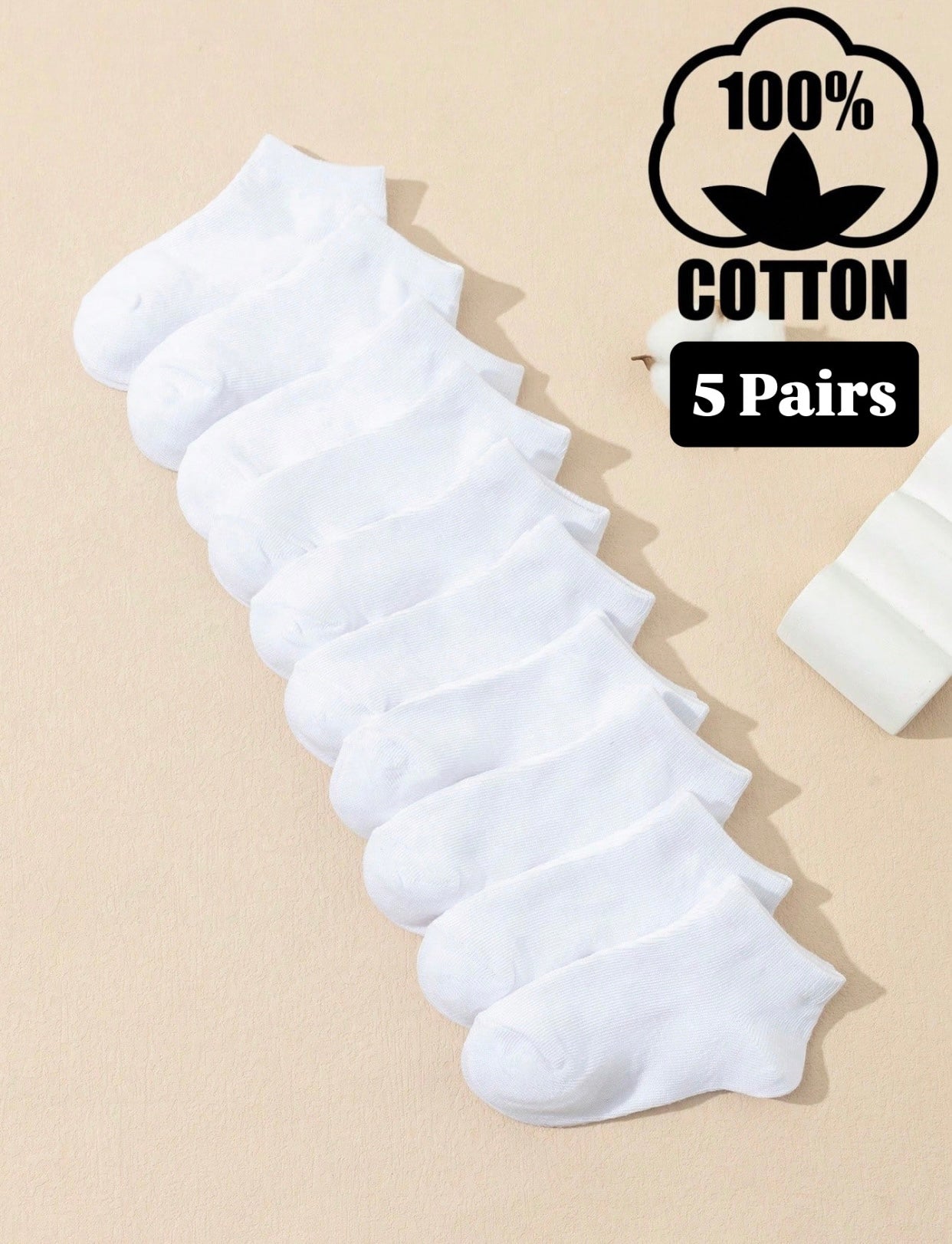 5 Pair Set Kids Cotton White Socks (immediate)