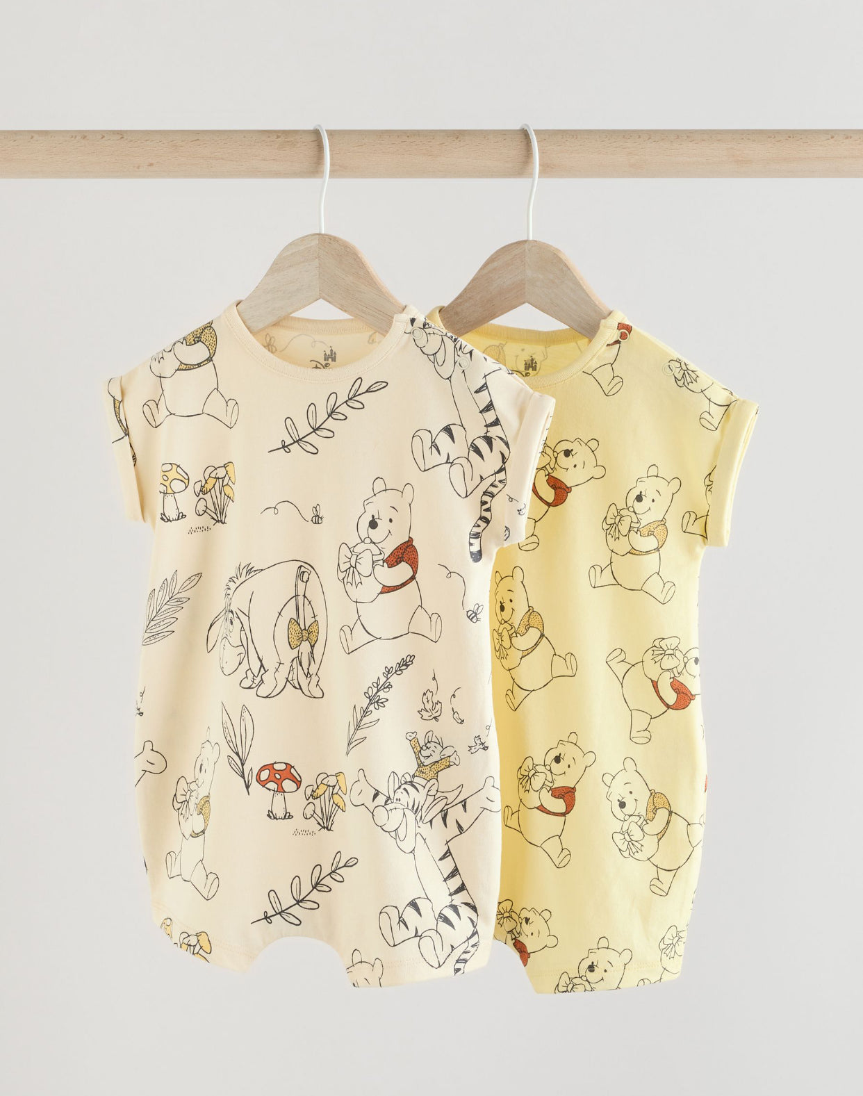 Yellow/White 2 Pack Printed Winnie The Pooh Baby Rompers