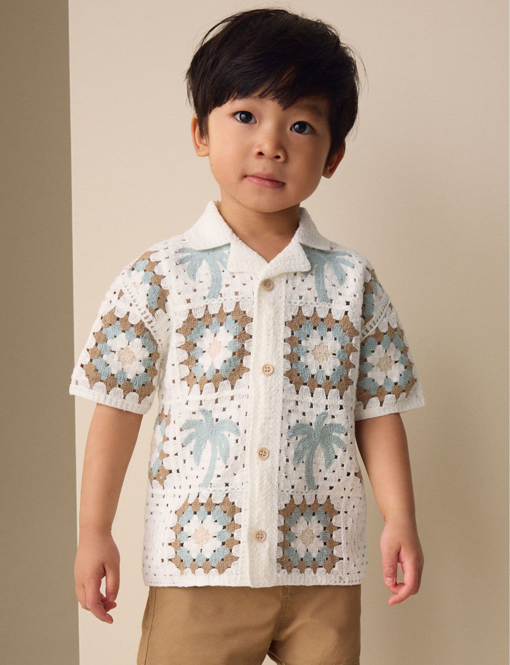 White Palms Crochet Knitted Short Sleeve Shirt